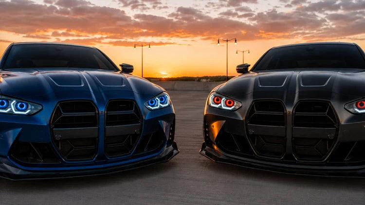 Two cars with Eyes Blink LED Light Eyes at sunset